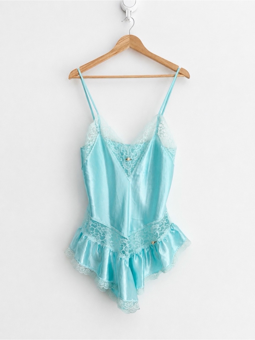 Vintage 80s Pale Turquoise Satin Lace Teddy Fairycore Coquette M